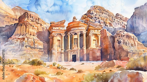 A watercolor painting depicting a building in the desert landscape of Petra archaeological site. The building stands out against the arid surroundings, showcasing the unique architecture of the ancien photo