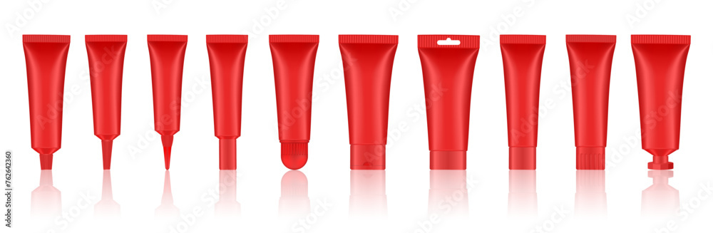 Set of red cosmetic tubes. Closed blank tubes with caps. Realistic mockup. Long nozzle tube. for ointment or salve. Gel serum. Korean packaging. Lip gloss. Toothpaste. Hand cream