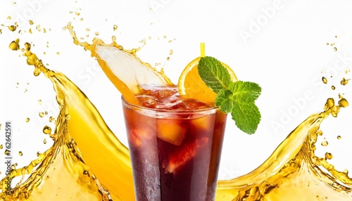 close up image of a cocktail surrounded by a splash of juice isolated on transparent background
