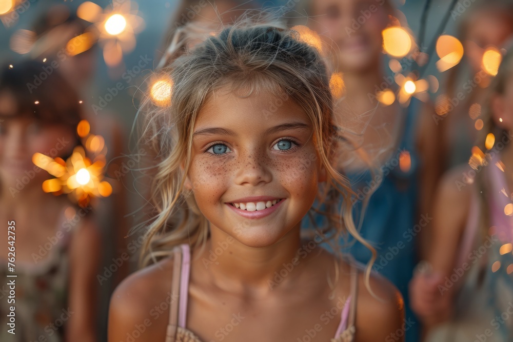 A joyful girl with sparkling blue eyes and freckles smiles brightly, surrounded by blurred figures with sparklers in a festive atmosphere. A joyful girl with sparkling blue eyes and freckles smiles brightly, surrounded by blurred figures with sparklers in a festive atmosphere.