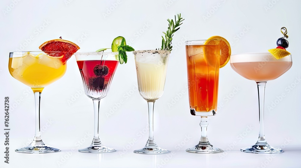 Fototapeta premium Elevate your gatherings with a vibrant set of six expertly crafted alcoholic cocktails, meticulously arranged on a pristine white background