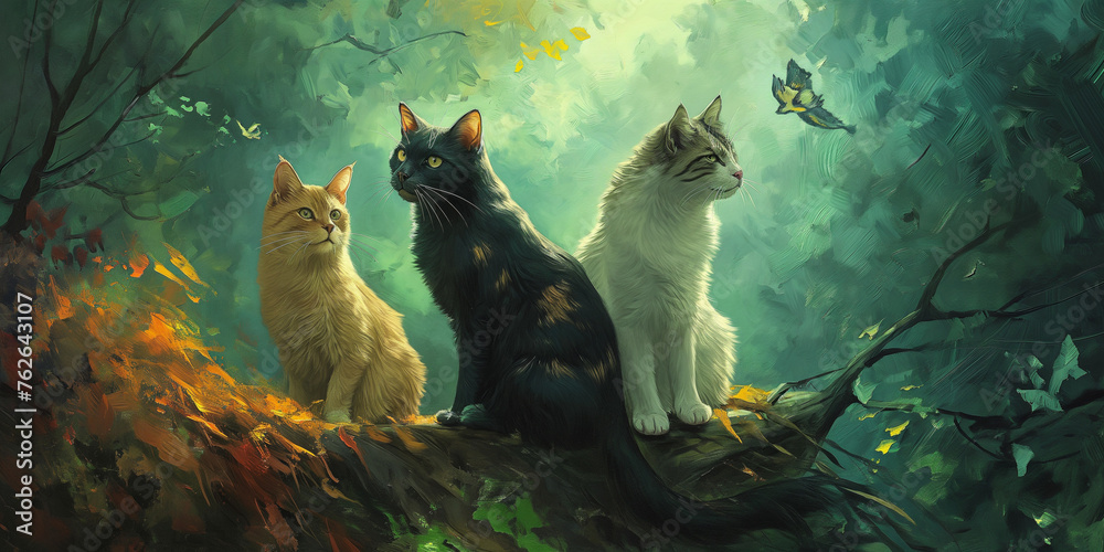Three cats, each with a distinct fur color, sit gracefully amid a mystical forest ambiance - obrazy, fototapety, plakaty 