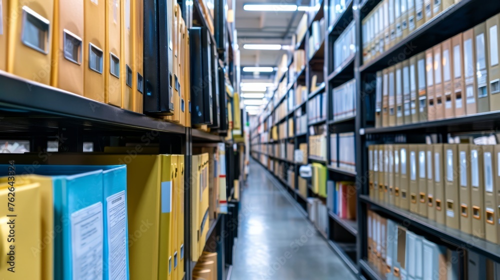 A long row of shelves in a filing room filled with files neatly organized and stacked. The shelves are packed with folders and documents in an orderly fashion.