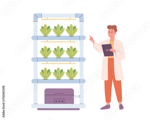 Hydroponics technology for plants growing. Vertical farming. Scientist or biologist grows plants in hydroponic farm. Smart farm. Vector illustration in flat style