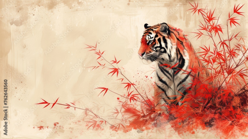  A watercolor tiger amidst red bamboo, painted to perfection