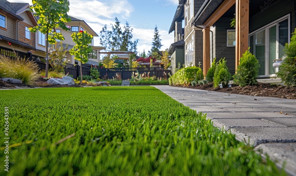 Naklejka premium Natural green grass close up view. Residential backyard