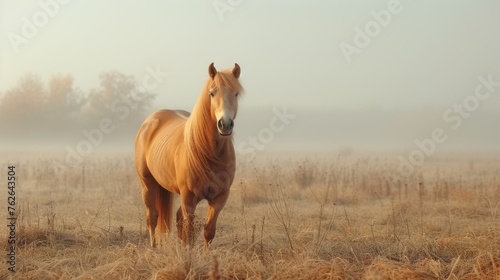  A foggy horse stands amidst dry grass, surrounded by trees in the distance