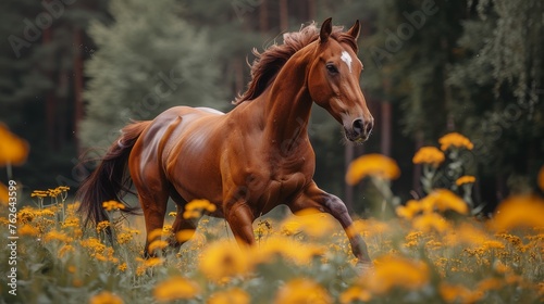  A brown horse gallops across a yellow field  surrounded by tall trees and yellow foreground flora