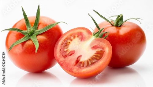 tomato vegetables isolated on white or transparent background two fresh tomatoes whole and cut half