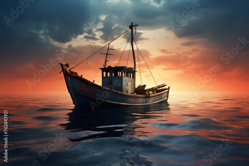 Fishing boat on the ocean, fishing boat during sunset on the ocean