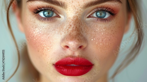  A high-resolution photo focusing closely on a female's countenance, displaying freckles scattered across her visage and vibrant lipstick staining her pout