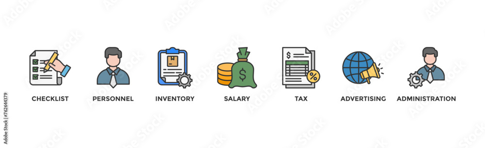 Cost reduction banner web icon glyph silhouette with icon of checklist, personnel, inventory, salary, tax, advertising and administration Cost reduction banner web icon glyph silhouette with icon of checklist, personnel, inventory, salary, tax, advertising and administration