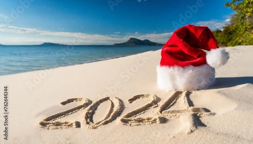 new year 2024 background with christmas hat and handwritten in the white sand