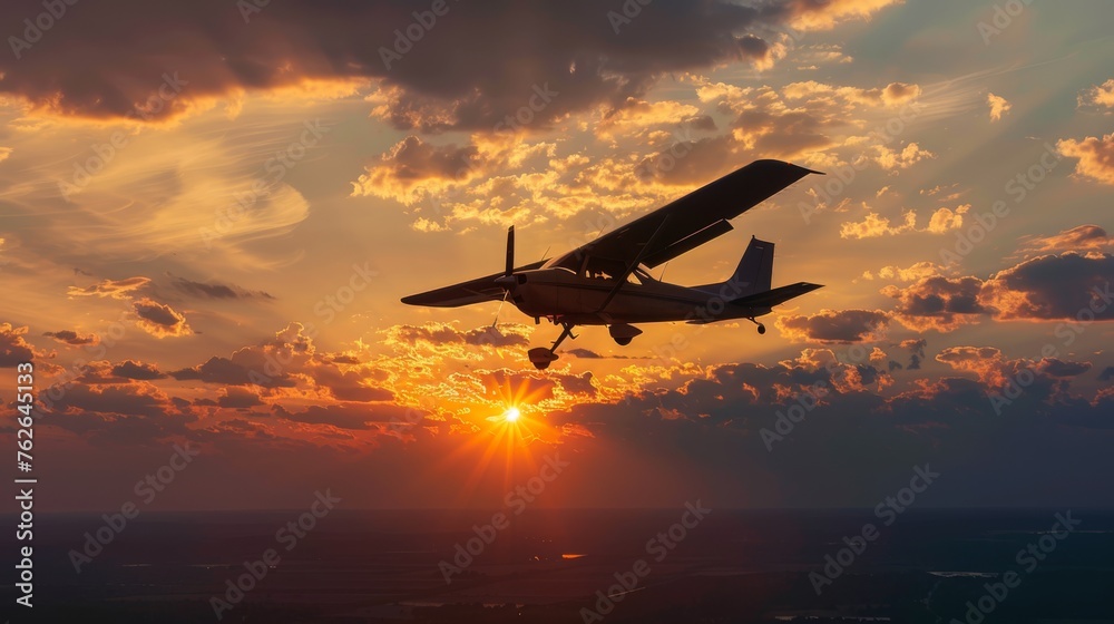 A motor plane is soaring through the vibrant sky as the sun sets in the background, creating a striking silhouette against the colorful horizon. A motor plane is soaring through the vibrant sky as the sun sets in the background, creating a striking silhouette against the colorful horizon.