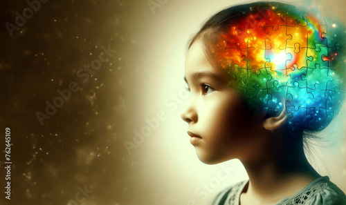 Autism Pride Day: the outline of a child's head is filled with bright and colorful puzzles that radiate light, symbolizing the strength and peculiarities of the mind of autistic children. space for te