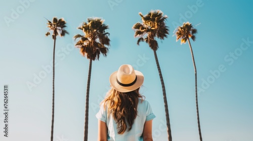 Summer beach vacation concept, Happy woman with hat relaxing at the seaside and looking away, in the summer against a backdrop of palm trees.