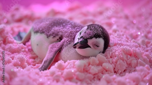  A pair of tiny penguins resting on a mound of pink objects atop a bed of pink objects