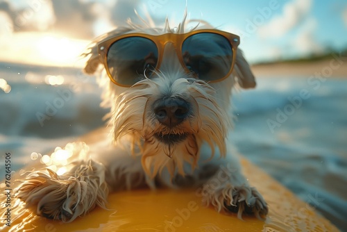 Super cute photorealistic baby dog with sunglasses on holiday by the ocean and beach - sunny day - funny © Jenia