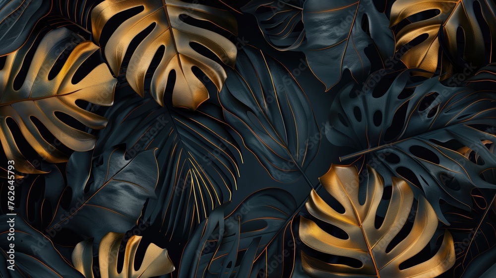 Gold and black tropical leaves texture - obrazy, fototapety, plakaty 