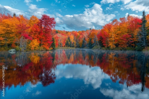 Autumn Splendor Reflects on Serene Lake in a Tranquil Forest