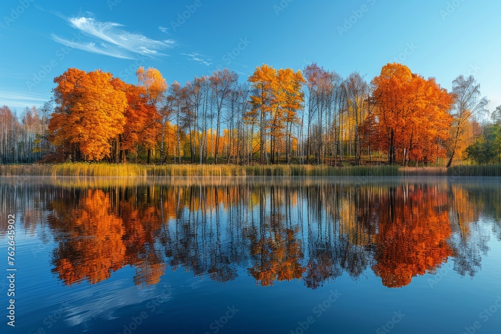 Obraz premium Autumn Splendor Reflects on Serene Lake in a Tranquil Forest