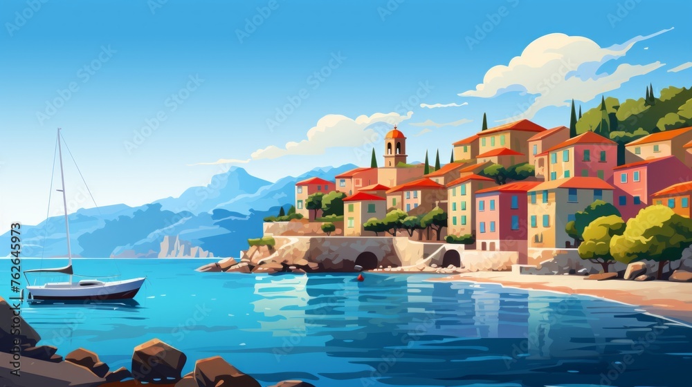 Generative AI A beautiful Mediterranean coastal town with colorful houses. vector cartoon graphic