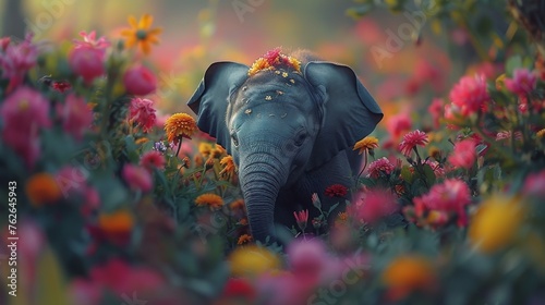  A majestic elephant gracefully standing amidst a field of vibrant flowers, with its trunk reaching towards the sky