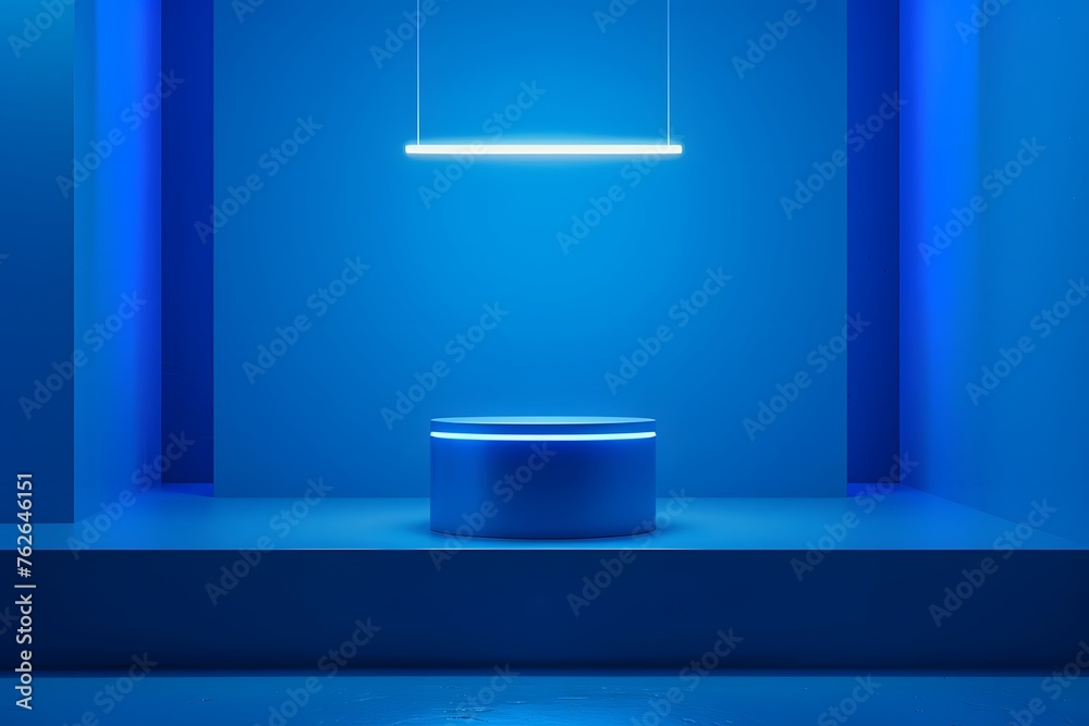 luminous blue cylindrical pedestal podium with a neon lamp hanging from above futuristic design,presentation,layout, demonstration of cosmetics,design concept,marketing and advertising luminous blue cylindrical pedestal podium with a neon lamp hanging from above futuristic design,presentation,layout, demonstration of cosmetics,design concept,marketing and advertising