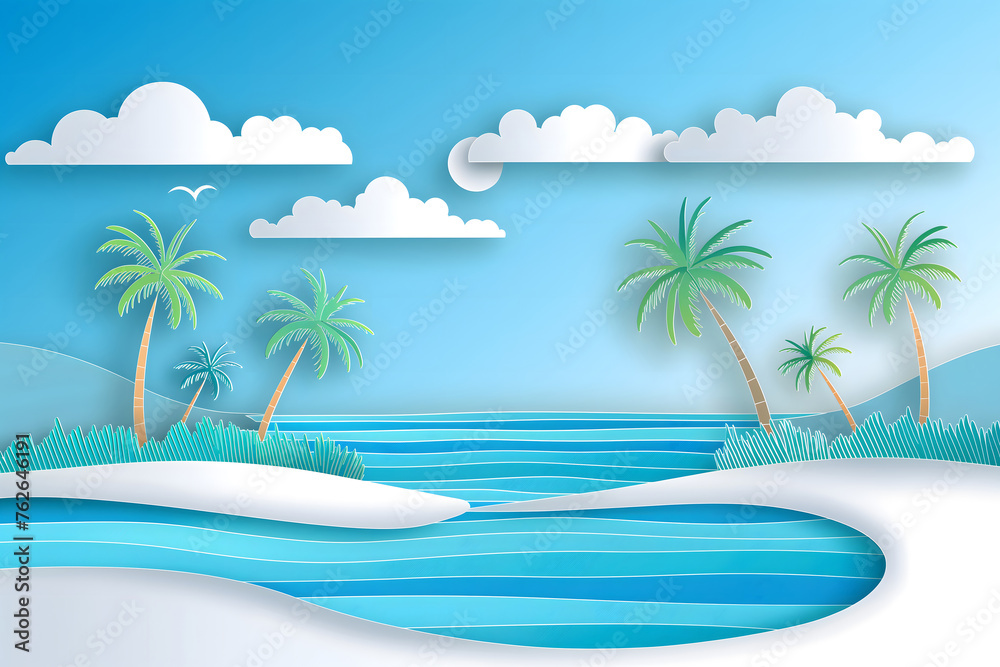 Incredible calm tropical landscape of the beach with beautiful palm trees, coastal waves,with elements of paper cut, the concept of tourism,travel,beach holidays,spa industry,relaxation