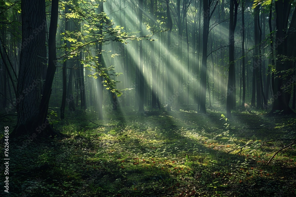 Sunbeams stream through the canopy in a peaceful forest glade, casting a magical glow over the verdant underbrush in a timeless natural scene.