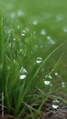 Droplets of water and dew in the grass and on the ground after a rain shower. Petrichor, the scent of the earth after rain. Macro. Close-up.