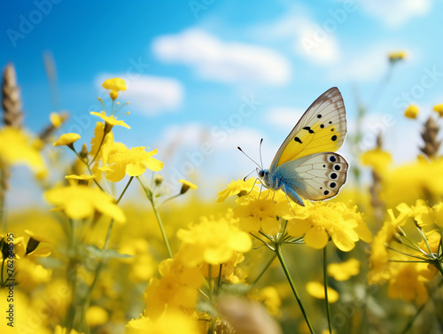 Beautiful yellow butterfly on yellow summer flowers in a meadow overlooking the blue sky.  © Business Pics
