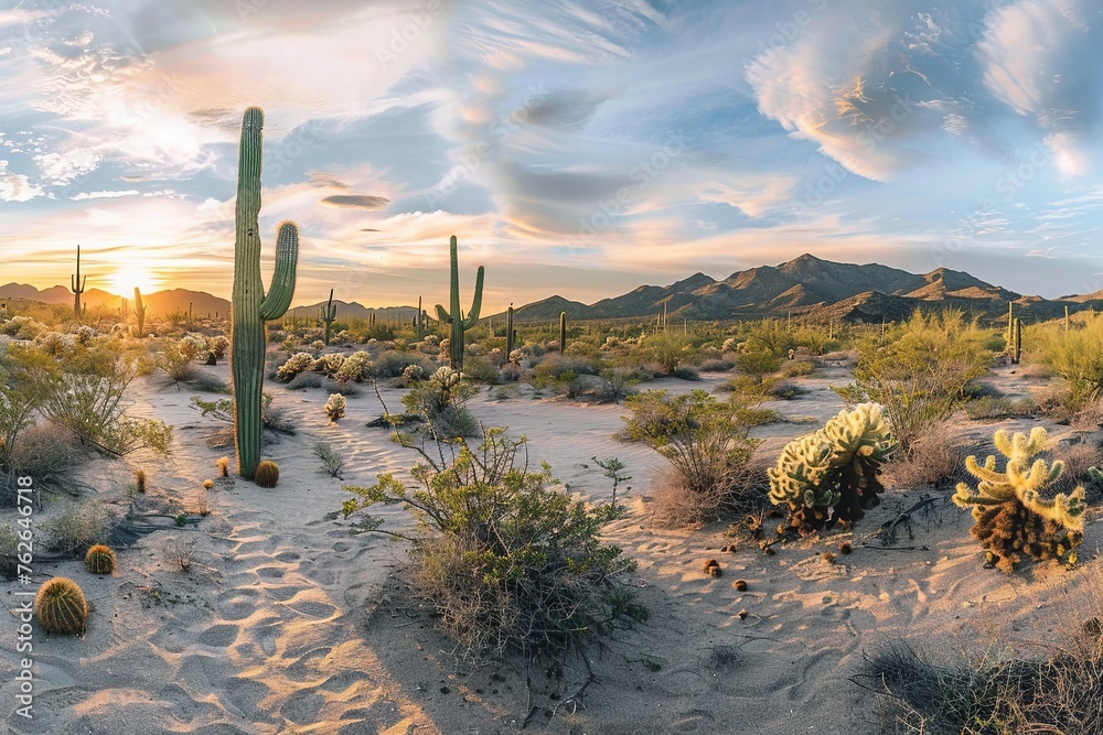 A panoramic desert landscape captured at sunrise, highlighting the serene beauty of cacti and distant mountains.