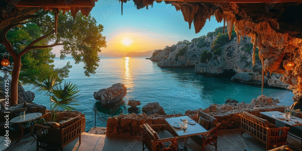 Obraz premium Outdoor Dining Area Overlooking Ocean at Sunset