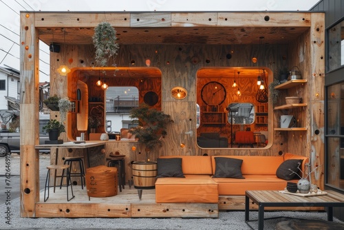 Quaint Mobile Cafe with Natural Wood and Lush Greenery