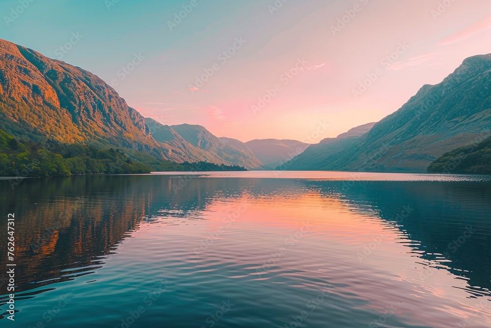 A tranquil lake reflects the warm hues of sunset, with serene mountains standing as silent witnesses to the day's end.
