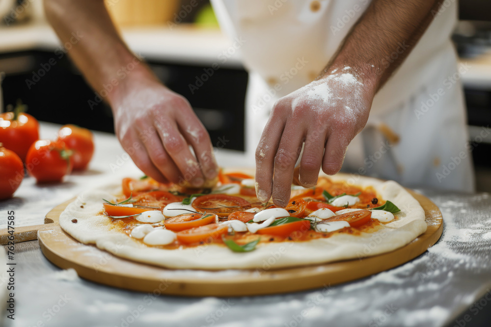 Male chef preparing pizza in the kitchen, close up of hands Male chef preparing pizza in the kitchen, close up of hands