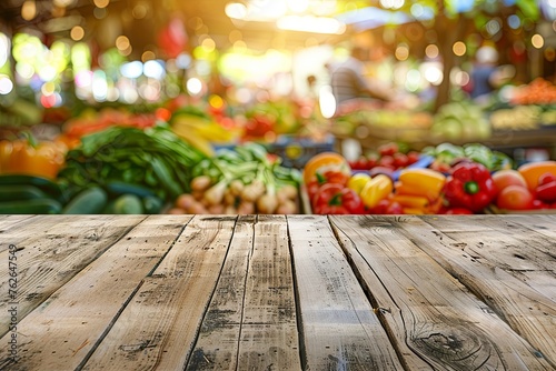 A rustic wooden tabletop in the foreground with a bokeh effect showcasing a lively farmers market teeming with fresh, colorful produce.