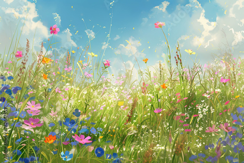 A vibrant summer meadow bursting with wildflowers and grasses under a clear blue sky  invoking a sense of joyful abundance.