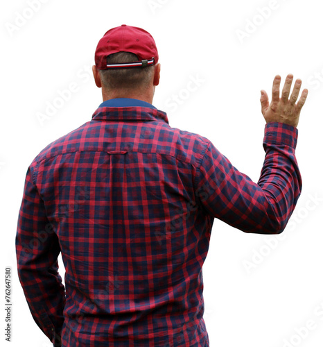 man wearing a red and navy checkered shirt with a cap, waving his hand in a back view. isolate, cut out.