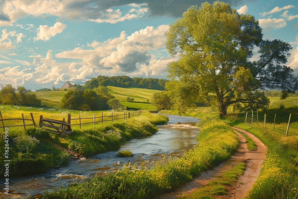The afternoon sun illuminates a serene countryside scene, highlighting a winding river, green pastures, and an old wooden fence, embodying the essence of pastoral life. - obrazy, fototapety, plakaty 