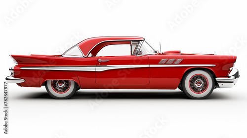 The photograph showcases a vintage red coupe with chrome accents  meticulously parked in a neutral studio environment on white background