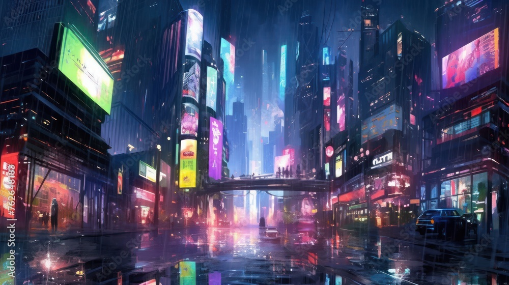 Neon-Lit Cyberpunk Cityscape at Night Generative AI