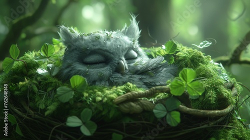  A bird naps atop a green-leafed nest amidst an ivy-filled forest photo