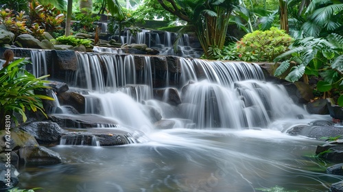 Morning Energy: Eco Circuit Waterfall Surrounded by Lush Green Vegetation Signifies Renewal and Sustainability