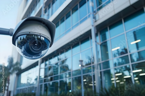 Security camera overlooking exterior of commercial building for safety and protection. Concept Commercial Security, Building Safety, Exterior Surveillance, Property Protection, Security Measures