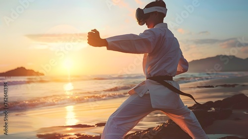 Martial Arts Athlete Utilizes Virtual Reality Gear for Beach Training During Golden Hour
