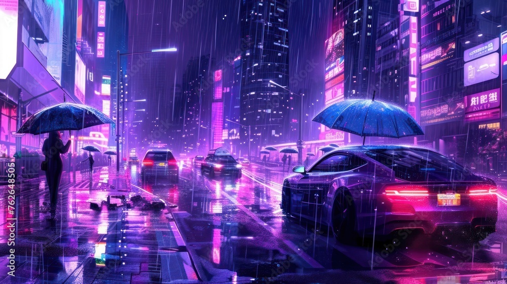 Traffic Congestion Under Umbrellas in a Rainy Cyberpunk City. Generative AI