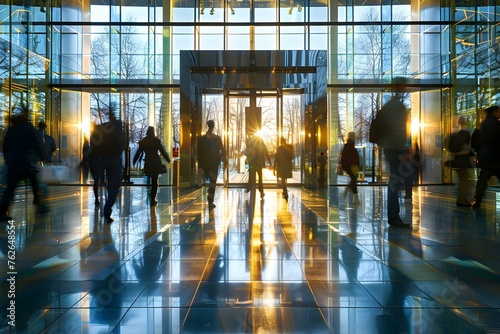 Busy professionals walking swiftly in an office lobby with glass doors. Concept Office Environment, Business Attire, Busy Professionals, Glass Doors, Swift Movements