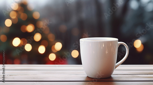 Close-up view of a cup of hot coffee on wood table at home with Christmas tree background bokeh in winter. Winter seasonal concept. 